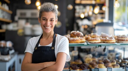 Smiling woman posing at a doughnut shop looking at the camera	 - Powered by Adobe