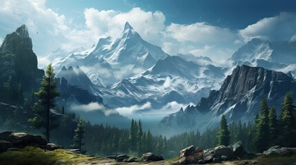 A majestic mountain range with snow capped peaks - obrazy, fototapety, plakaty