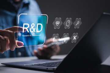R and D, Research and Development concept. businessman use laptop with virtual R and D icons for research and development of business science technology. - obrazy, fototapety, plakaty