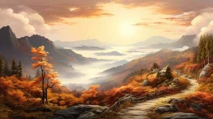 A misty autumn landscape with a path and a view of mountains in the background