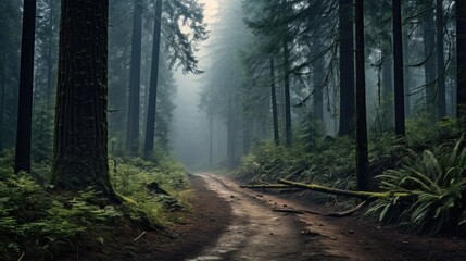 A misty forest with towering trees and a winding path - obrazy, fototapety, plakaty