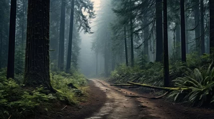 Foto op Canvas A misty forest with towering trees and a winding path © Gefo