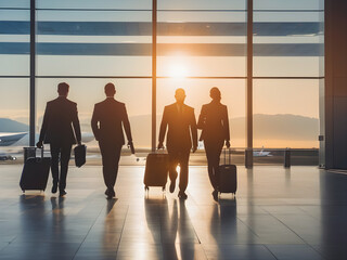 Businessman dragging his suitcase on a trip. Fair light from the sun shines through the glass.