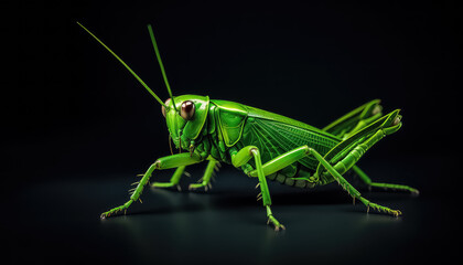 Green grasshopper close-up on black background