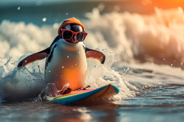 Generative AI illustration of penguin with sunglasses and hat - obrazy, fototapety, plakaty