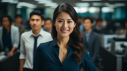 Smiling and confident Asian female business executive - team leader - close-up shot - low angle shot
