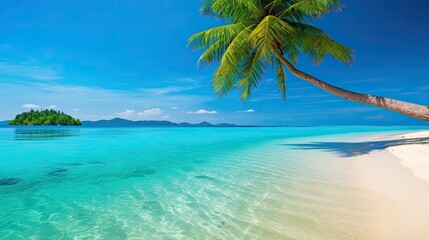 A peaceful beach with crystal clear water and a palm tree