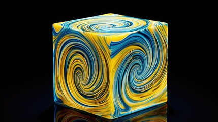 A cube with a spiral pattern in shades of yellow and blue