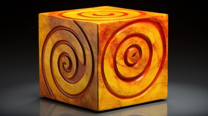 A cube with a spiral pattern in shades of yellow and orange