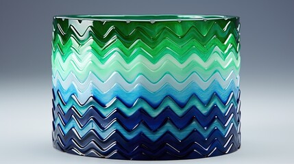 A cylinder with a zigzag pattern in shades of blue and green