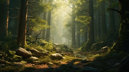 A dense forest with towering trees and dappled sunlight