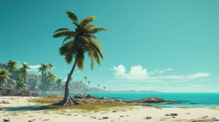 A deserted island with a lone palm tree swaying in the breeze