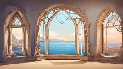 Illustration artwork of an amazing house beside the ocean, landscape