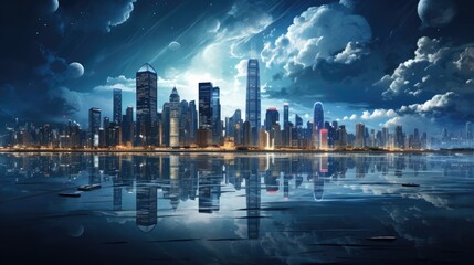 Obraz premium A futuristic cityscape at night with a view of the skyline and reflections in the water