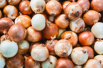 Fresh assorted onions at market display