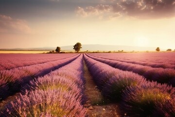 Beautiful lavender field in summertime. Generative AI
