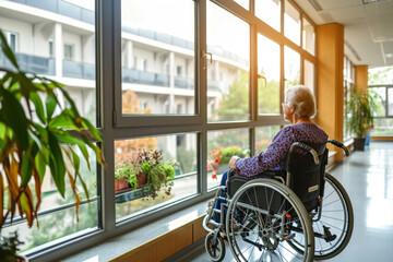 Photo of an old woman sitting in a wheelchair - obrazy, fototapety, plakaty
