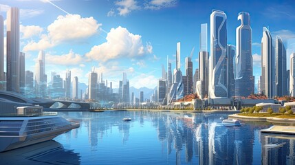 A futuristic cityscape with a view of the harbor and a blue sky - obrazy, fototapety, plakaty