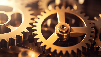 Golden gears of the mechanism close-up