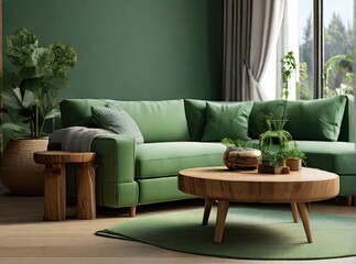 Fototapeta na wymiar Green living room with sofa and wooden round table.