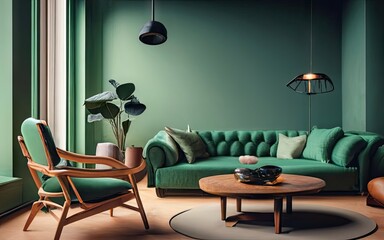 Green living room with sofa and wooden round table.