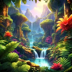 Bright jungle background with flowers, colorful fantasy jungle background