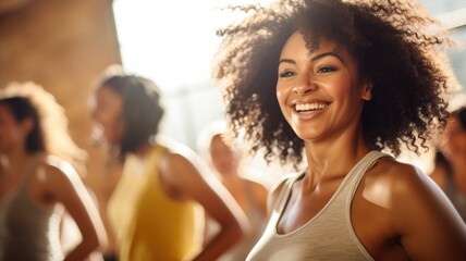 Joyful young woman with curly hair smiling in a fitness class, embodying health and positivity.