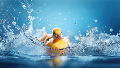 Little yellow duck splashing in the water