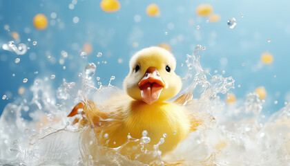 Little yellow duck splashing in the water