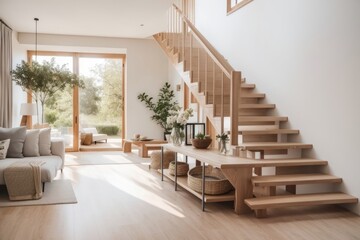 Fototapeta premium Farmhouse Interior home design of modern entrance hall with wooden decoration and wooden staircase