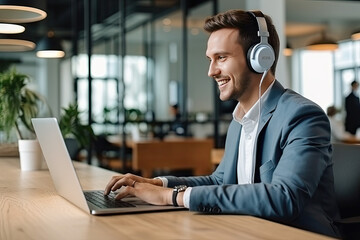 Young man wearing headset conducting a webinar