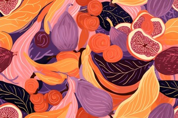 Many Colorful Leaves and Fruits on Colorful Background Vector, in the Style of Whimsical Florals, Simple Shapes, Julio Shimamoto, Whimsical Characters, Bold, Generative AI