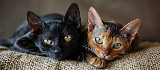 Cute abyssinian and black cat