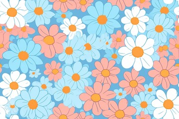 Seamless floral pattern background, bright flowers on a dark blue background for textile, wallpaper, pattern fills, covers, surface, print, gift wrap, scrapbooking, Generative AI