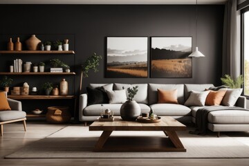 Fototapeta premium Farmhouse interior home design of modern living room with gray sofa and rustic barn wood table with wooden furniture shelves against black wall