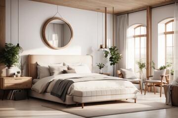 Fototapeta premium Farmhouse interior home design of modern bedroom with wooden bed and wooden furniture with large window