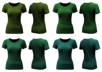 Set of Blue lime green dark front, back t-shirt woman cutout on transparent background. Mockup template product presentation.