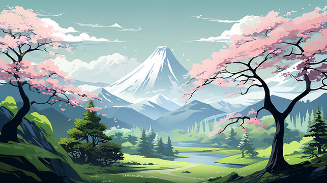 vector   illustration green mountain in japan with tree flower sakura , Generate Ai