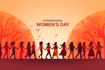 International Women's Day poster with women marching together, holding the design