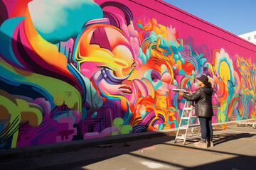Artist Painting Colorful Mural on Urban Wall. - obrazy, fototapety, plakaty