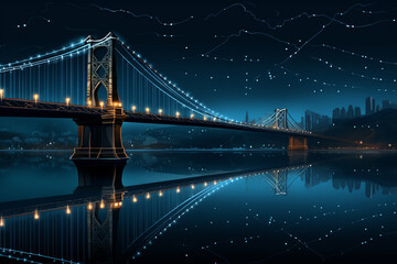 Fototapeta na wymiar Illuminated Bridge at Night with City Reflection.