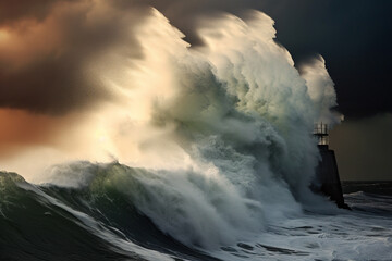 Majestic Wave Crashing Against Lighthouse.