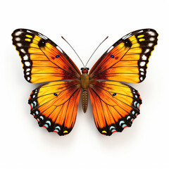 A striking orange and yellow butterfly with open wings against a pure white backdrop