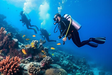 Naklejka na ściany i meble Scuba Divers Exploring Coral Reef.