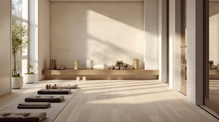 Fototapeta premium Spacious and tranquil Zen-inspired spa interior with natural light and minimalist decor