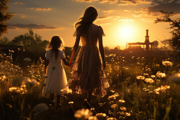 Mother and daughter moment, holding hands while strolling through a vibrant flower field at sunset