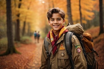 A boy scout with a backpack, walking with a stick in hand along a forest trail covered in autumn leaves, International Boy Scout Day Concept - obrazy, fototapety, plakaty
