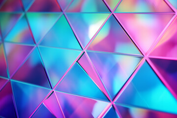 Graphic resources. Abstract holographic triangles vibrant and reflective background surface illustration with copy space. Retro vintage futuristic style