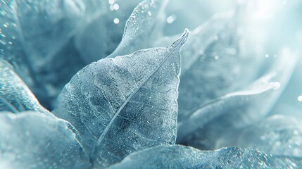 Zoom in on a leaf slowly cradled by frost, highlighting the fluid and calming dance of frozen forms in nature's winter embrace.