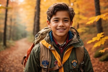 a boy scout with a backpack, standing on a rocky hill, looking out over a forest valley with a big smile on his face, International scout day concept 2024.